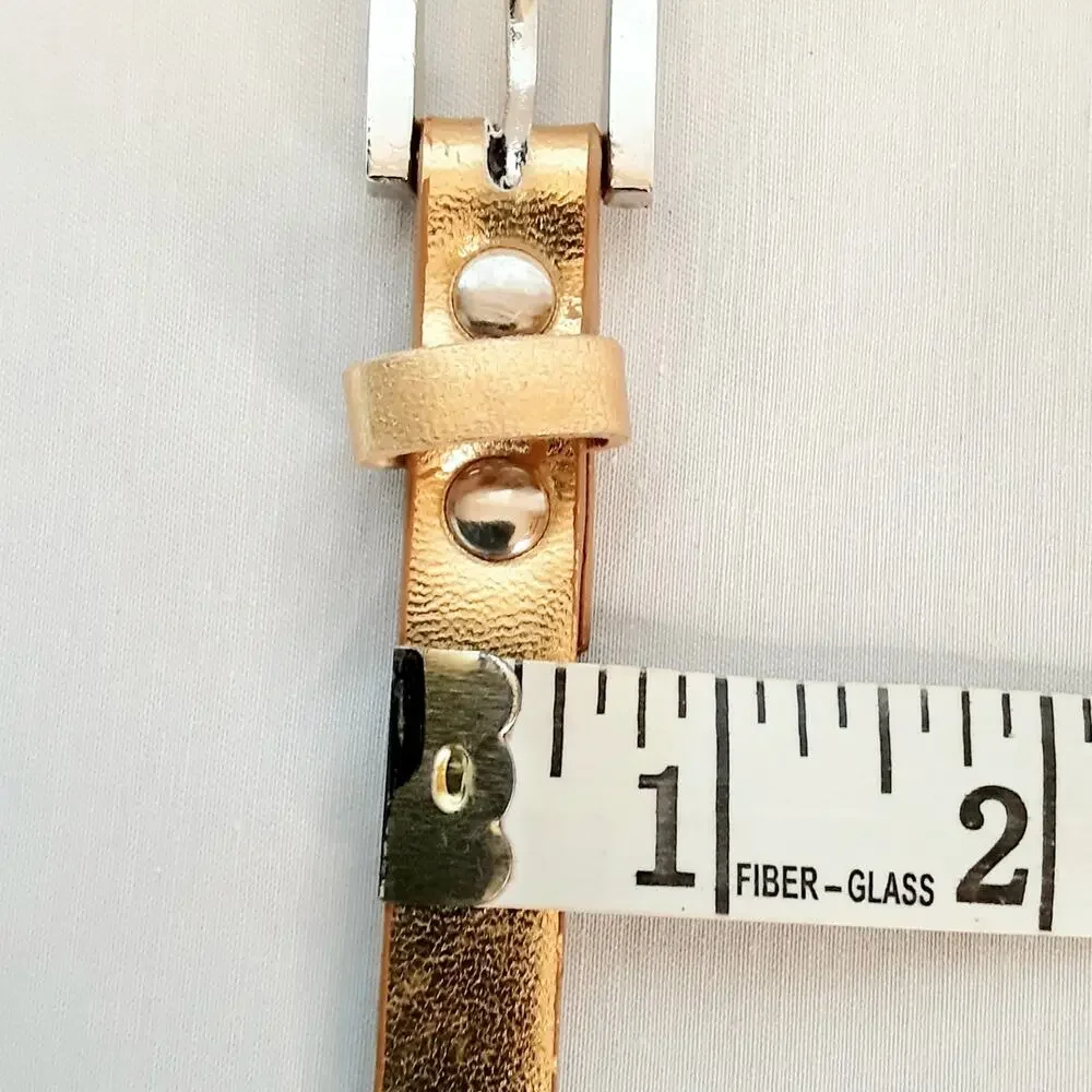 💎Womens Double Row Stud Gold Tone Leather Skinny Belt Size Large Punk Statement